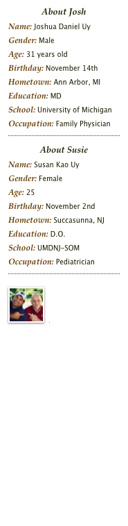 About Josh
Name: Joshua Daniel UyGender: MaleAge: 31 years oldBirthday: November 14thHometown: Ann Arbor, MIEducation: MDSchool: University of MichiganOccupation: Family Physician
￼
About Susie
Name: Susan Kao UyGender: FemaleAge: 25Birthday: November 2ndHometown: Succasunna, NJEducation: D.O.School: UMDNJ-SOMOccupation: Pediatrician
￼
￼
Sunday School Picnic
August 11, 2007

